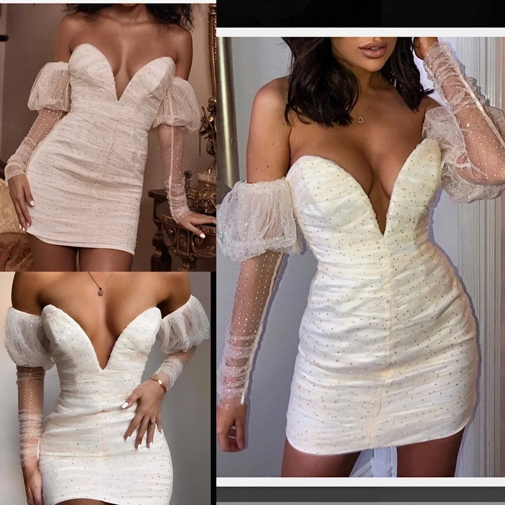 NWT House of CB Milana cream tulle mesh rhinestone puff sleeve mini ruched dress - Picture 3 of 7